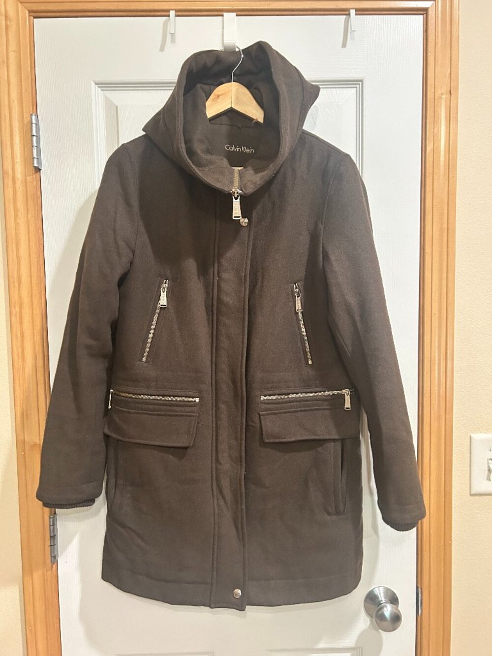 Calvin Klein Dark Olive Green Multi-pocket Hooded Winter Coat Sz XS (runs large)